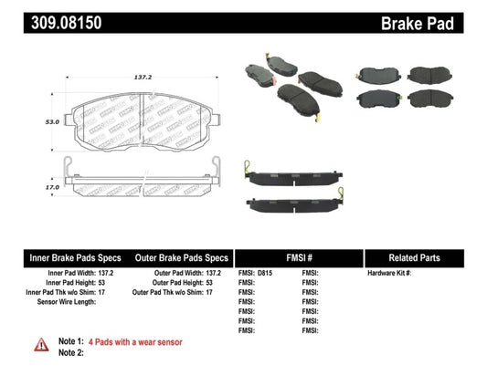 Stoptech 309.08150 StopTech Performance 02-05 Infiniti G35 / 07-09 Nissan Altima/Sentra / 6/02-05 350Z Front Brake Pa