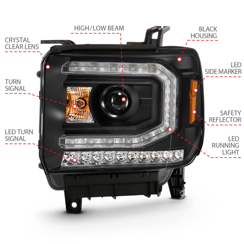 ANZO 111485 2016-2019 GMC Sierra 1500 Projector Headlight Plank Style Black w/ Sequential Amber Signal