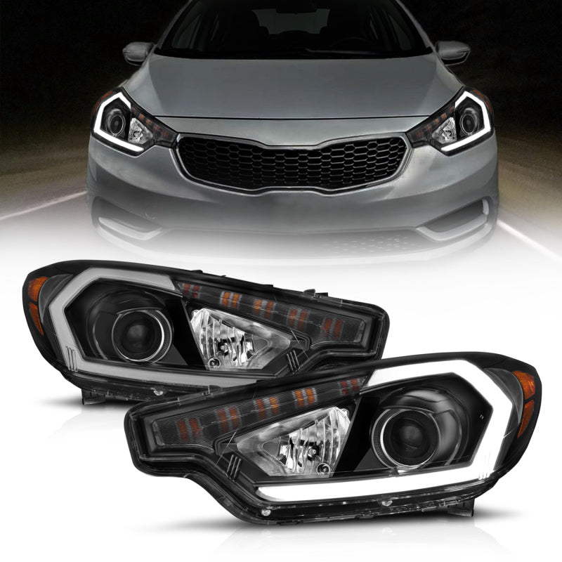 ANZO 121562 2014-2016 Kia Forte Projector Headlights w/ Light Bar Black Housing w/ DRL