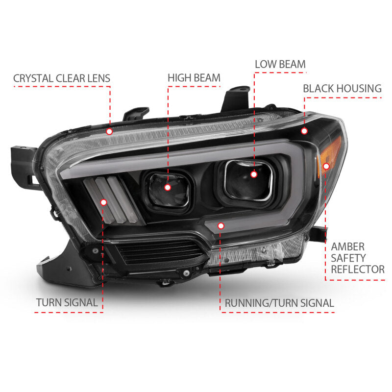 ANZO 111397 2016-2017 Toyota Tacoma Projector Headlights w/ Plank Style Switchback Black w/ Amber w/ DRL