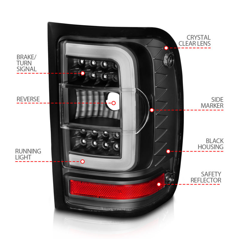 ANZO 311390 2001-2011 Ford Ranger LED Tail Lights w/ Light Bar Black Housing Clear Lens