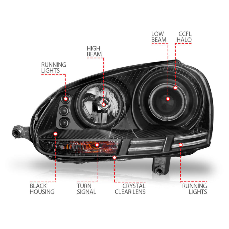 ANZO 121345 2006-2009 Volkswagen Rabbit Projector Headlights w/ Halo Black (CCFL)