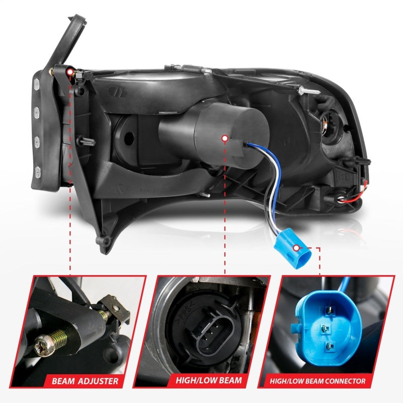 ANZO 111554 94-02 Dodge RAM Crystal Headlight - w/ Light Bar Black Housing