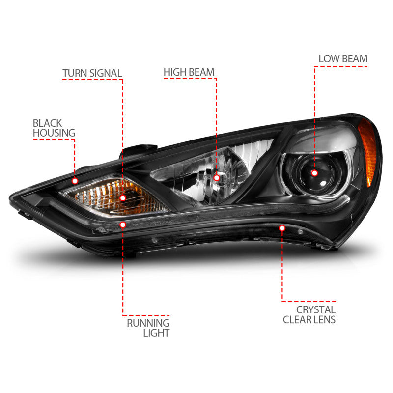 ANZO 121511 2013-2015 Hyundai Genesis Projector Headlights w/ Plank Style Design Black (HID Compatible)