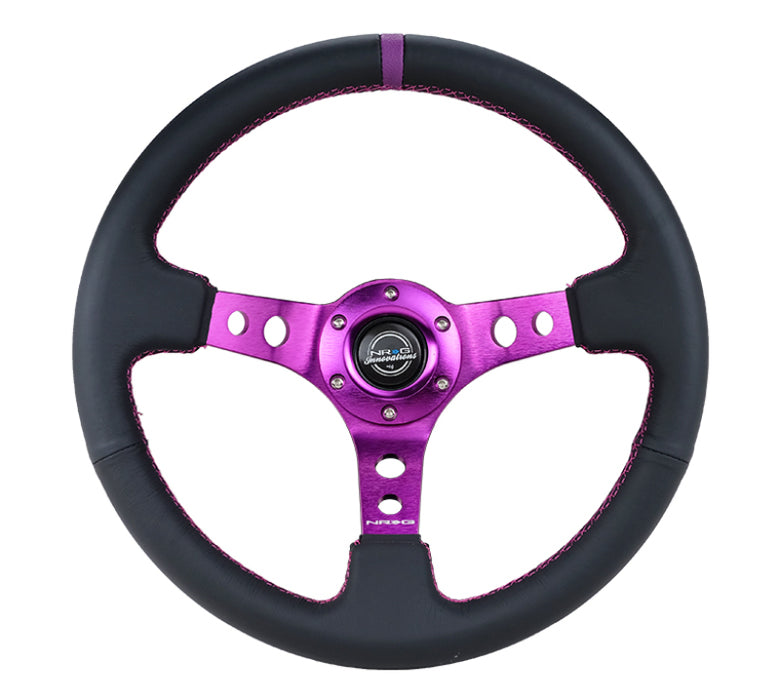 NRG RST-006PP Reinforced Steering Wheel (350mm / 3in. Deep) Black Leather w/Purple Center & Purple Stitching