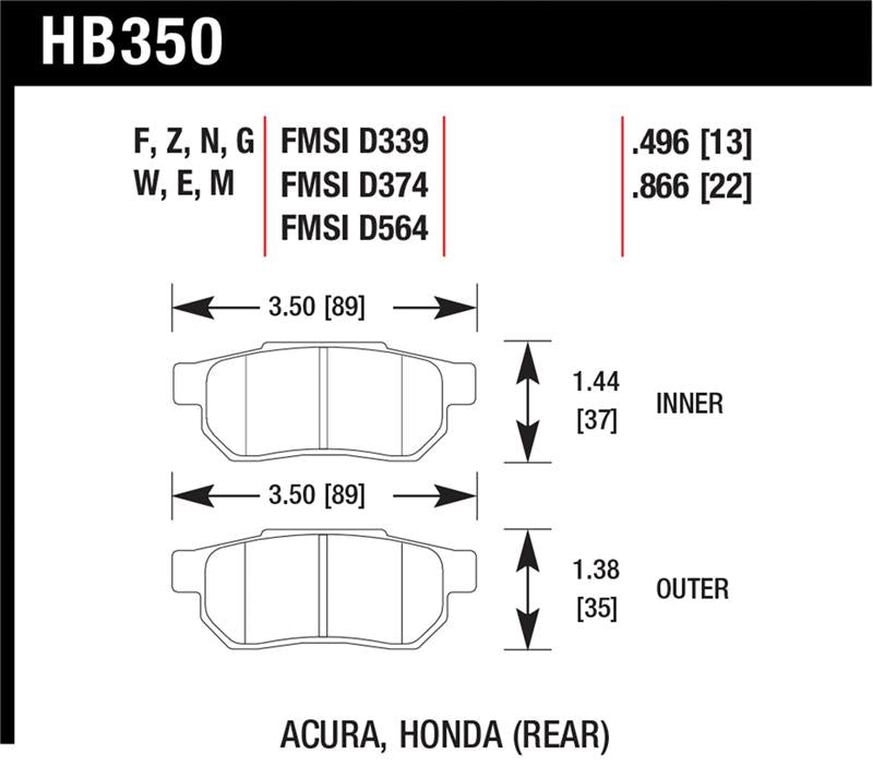 Hawk Performance HB350F.496 Hawk 90-01 Acura Integra (excl Type R) / 98-00 Civic Coupe Si HPS Street Rear Brake Pads