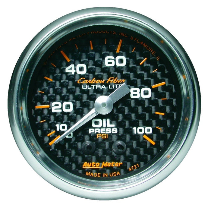AutoMeter 4721 Autometer Carbon Fiber 52mm 100 PSI Mechanical Oil Pressure Gauge