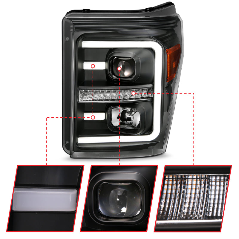 ANZO 111406 2011-2016 Ford F250 Projector Headlights w/ Plank Style Switchback Black w/ Amber
