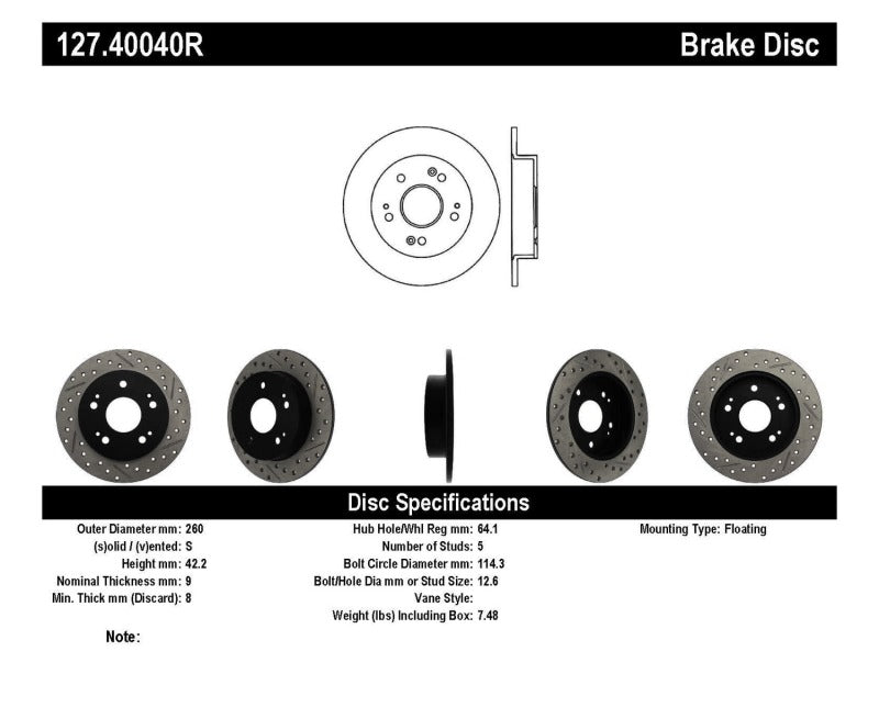 Stoptech 127.40040R StopTech 06-09 Honda Civic Ex/Si Slotted & Drilled Right Rear Rotor