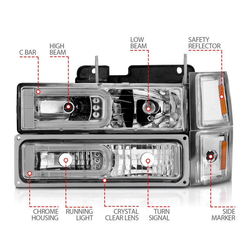 ANZO 111529 88-98 Chevrolet C1500 Crystal Headlights w/Light Bar Chrome Housing w/ Signal Side Markers 8Pcs