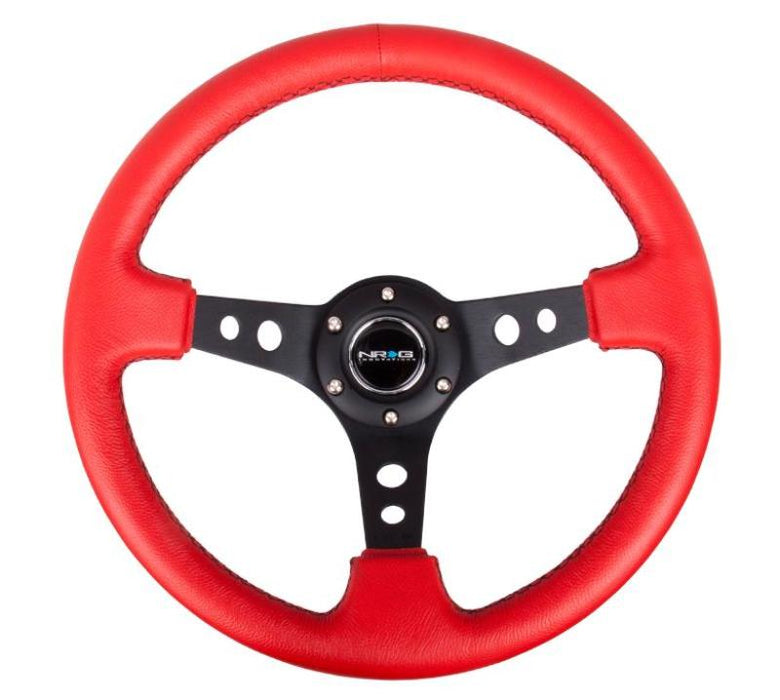NRG RST-006RR-BS-B Reinforced Steering Wheel (350mm / 3in. Deep) Red Leather/Blk Stitch w/Blk Spokes (Hole Cutouts)