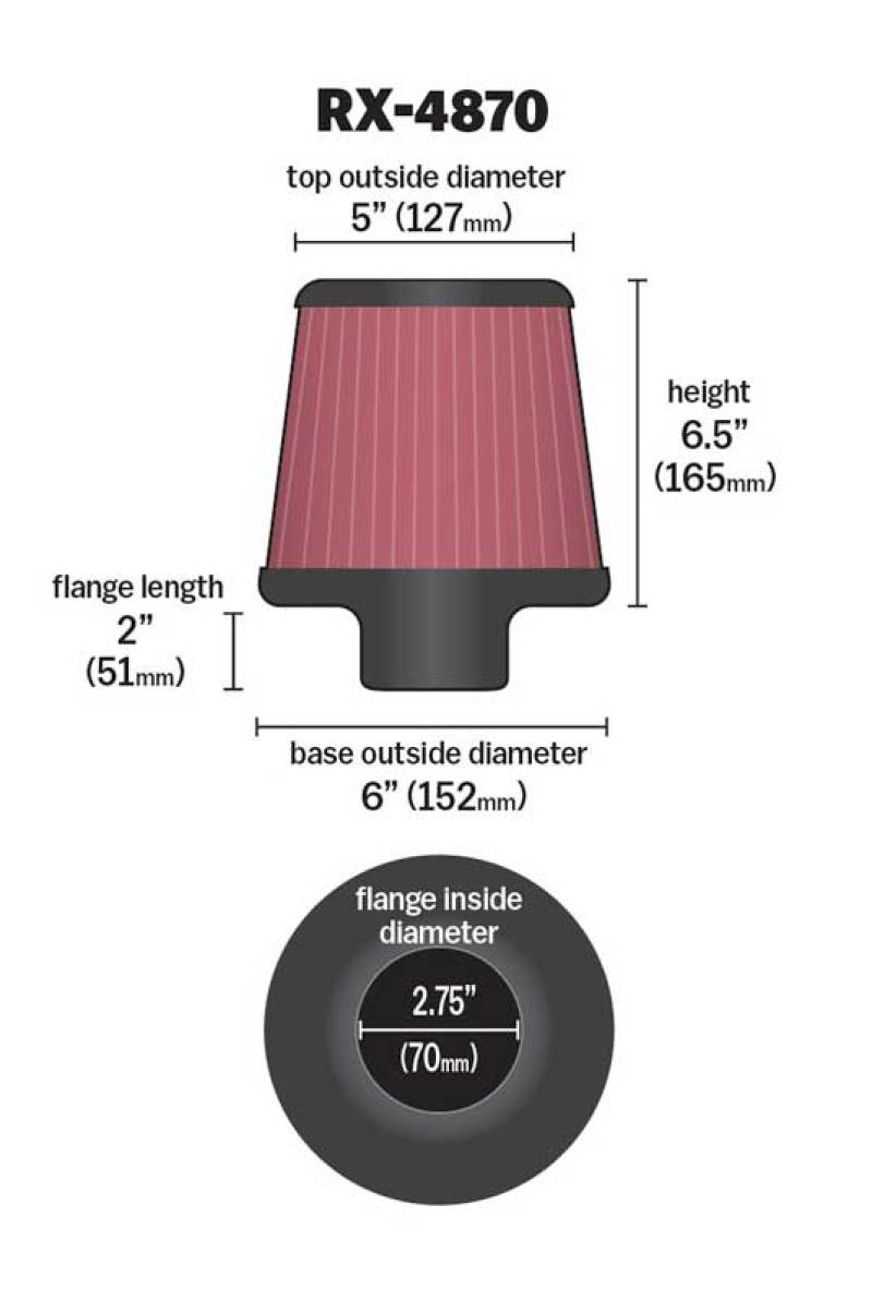 K&N Engineering RX-4870 K&N Filter Universal X Stream Clamp-On 2 3/4 inch Flange 6 inch Base 5 inch Top 6 1/2 inch Height