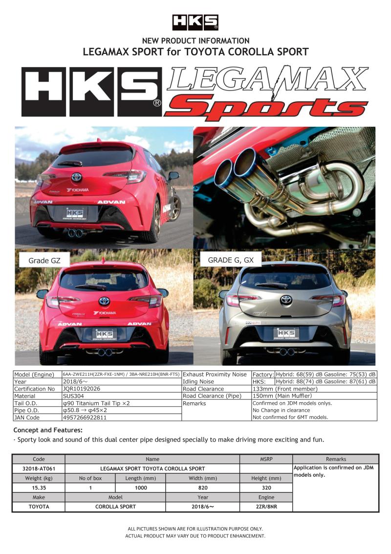 HKS 32018-AT061 LEGAMAX Sports 2018 Toyota Corolla Sport 2ZR/8NR