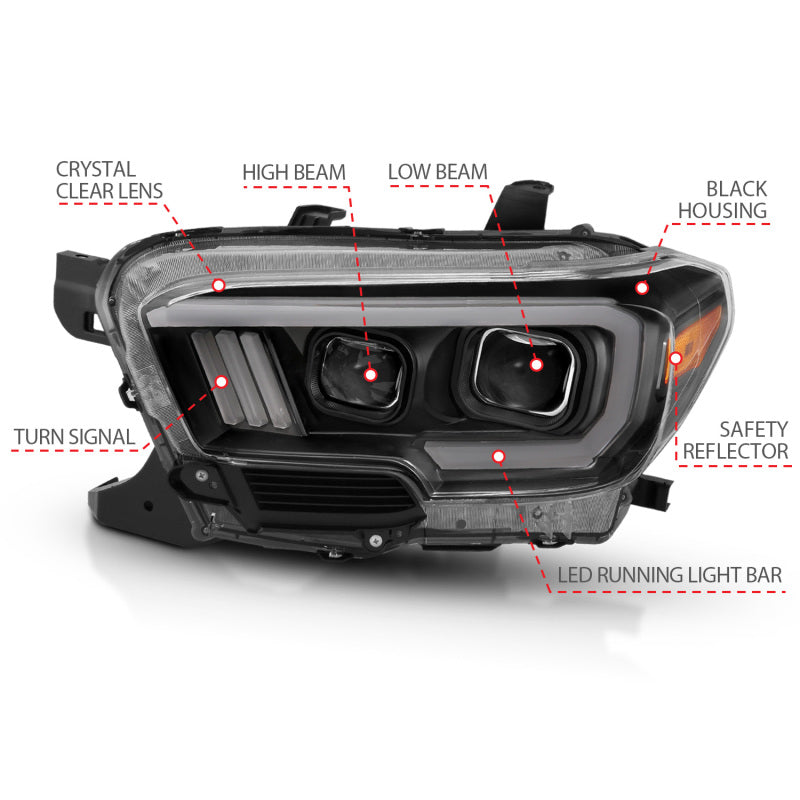 ANZO 111379 2016-2017 Toyota Tacoma Projector Headlights w/ Plank Style Design Black/Amber w/ DRL