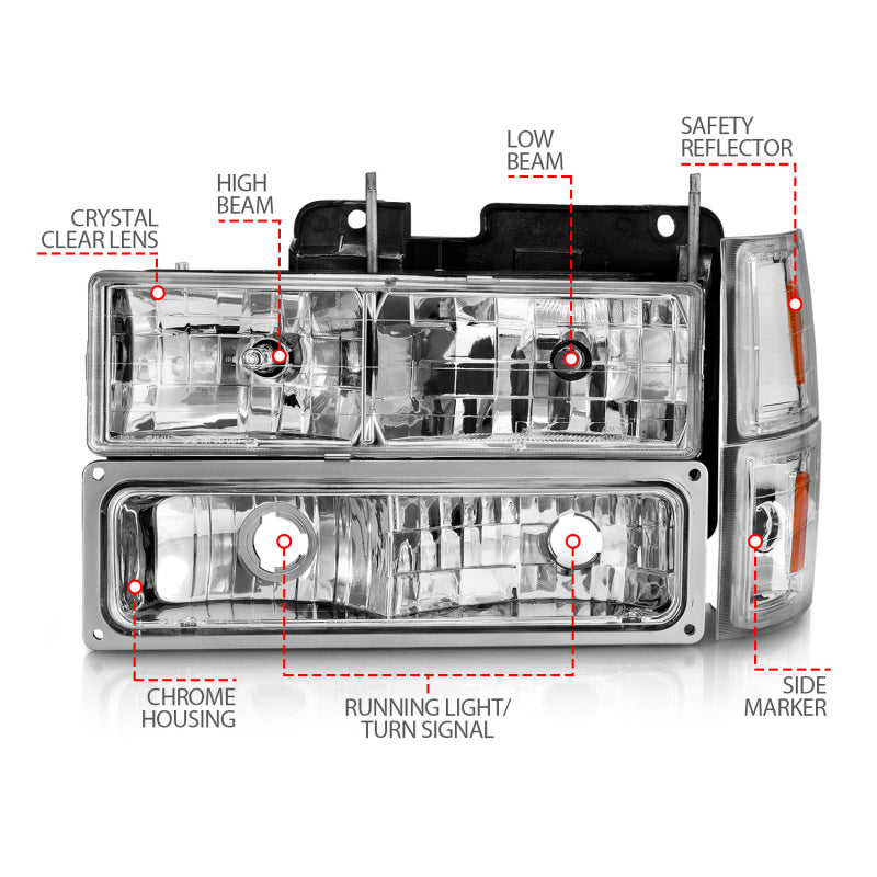 ANZO 111506 88-98 Chevrolet C1500 Crystal Headlights Chrome w/ Signal and Side Marker Lights