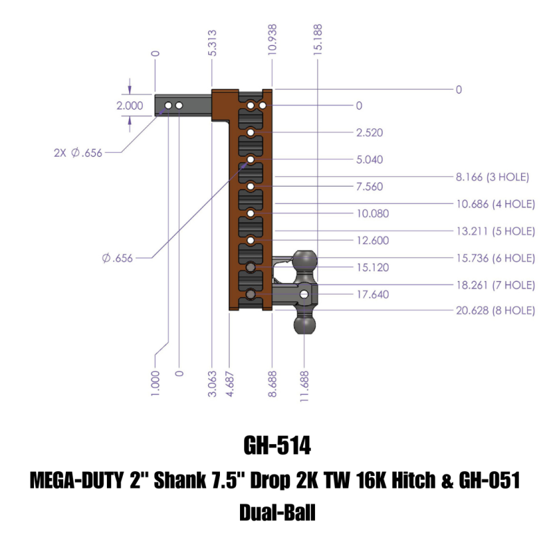 GEN-Y Hitch GH-514 Gen-Y Mega Duty 2in Shank 7.5in Drop 2K TW 16K Hitch w/GH-051 Dual-Ball