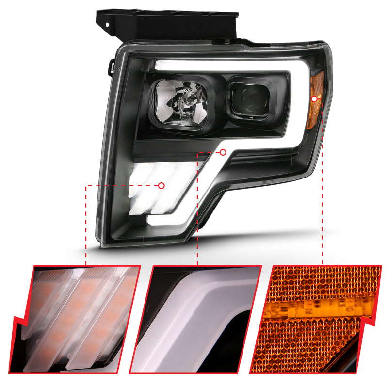 ANZO 111469 2009-2013 Ford F-150 Projector Light Bar G4 Switchback Headlights Black Amber