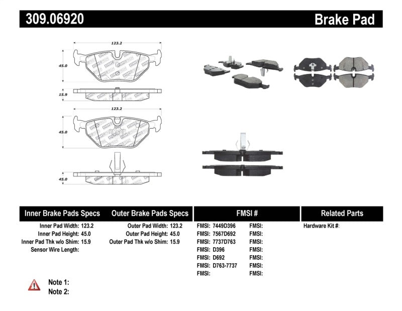 Stoptech 309.06920 StopTech Performance 01-02 BMW Z3 / 03-09 Z4 / 10/90-07 3 Series / 99-09 Saab 9-5 Rear Brake Pads