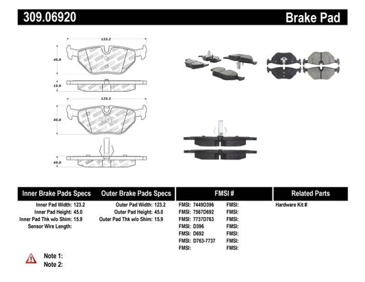 Stoptech 309.06920 StopTech Performance 01-02 BMW Z3 / 03-09 Z4 / 10/90-07 3 Series / 99-09 Saab 9-5 Rear Brake Pads