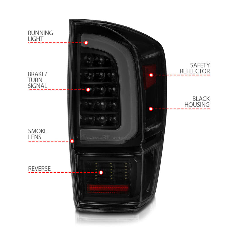 ANZO 311401 16-21 Toyota Tacoma LED Tail Lights - w/ Light Bar Sequential Black Housing & Smoke Lens