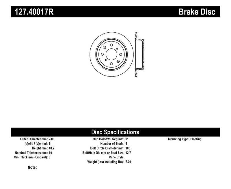 Stoptech 127.40017R StopTech 90-96 Acura Integra / 97-01 Integra (Exc. Type R) Slotted & Drilled Right Rear Rotor