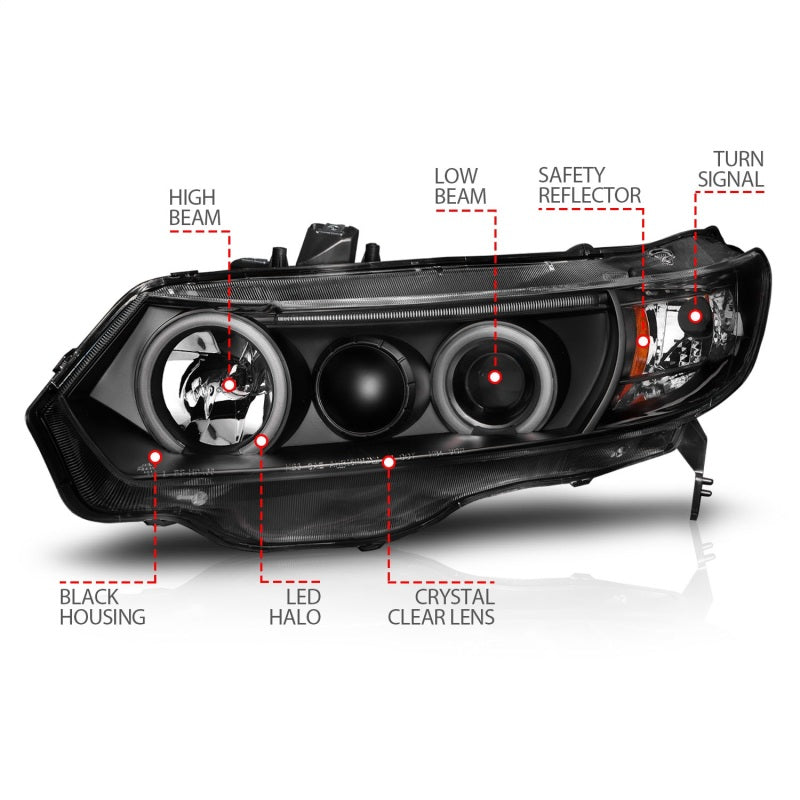 ANZO 121062 2006-2011 Honda Civic Projector Headlights w/ Halo Black (CCFL)