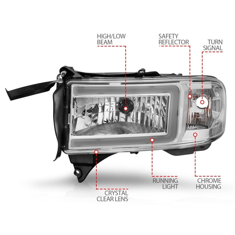ANZO 111555 94-02 Dodge RAM Crystal Headlight - w/ Light Bar Chrome Housing