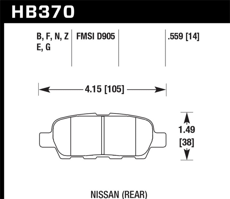 Hawk Performance HB370Z.559 Hawk 03-07 350z / G35 / G35X w/o Brembo Performance Ceramic Street Rear Brake Pads