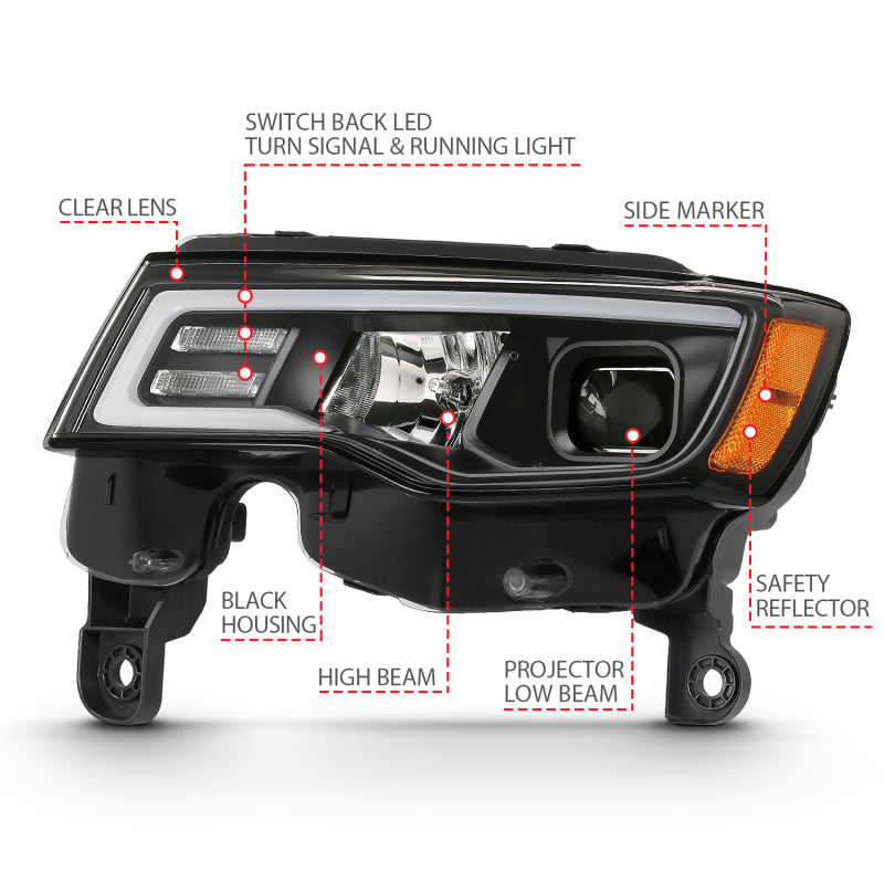 ANZO 111418 2017-2018 Jeep Grand Cherokee Projector Headlights w/ Plank Style Switchback - Black w/ Amber