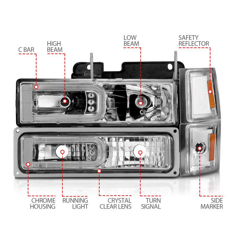 ANZO 111529 88-98 Chevrolet C1500 Crystal Headlights w/Light Bar Chrome Housing w/ Signal Side Markers 8Pcs