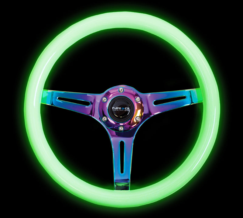 NRG ST-015MC-GL Classic Wood Grain Steering Wheel (350mm) Glow-N-The-Dark Green Grip w/Neochrome 3-Spoke Center