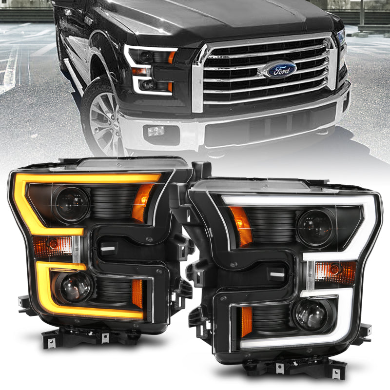 ANZO 111357 2015-2017 Ford F-150 Projector Headlights w/ Plank Style Switchback Black w/ Amber