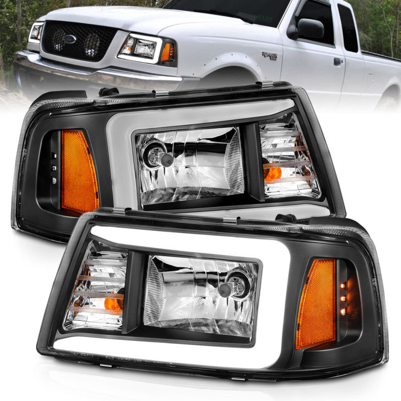 ANZO 111511 2001-2011 Ford Ranger Crystal Headlights w/ Light Bar Black Housing