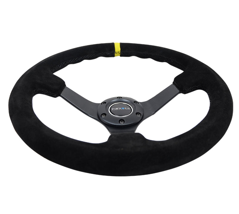 NRG RST-036MB-S-Y Reinforced Steering Wheel (350mm / 3in. Deep) Blk Suede/X-Stitch w/5mm Blk Spoke & Yellow CM