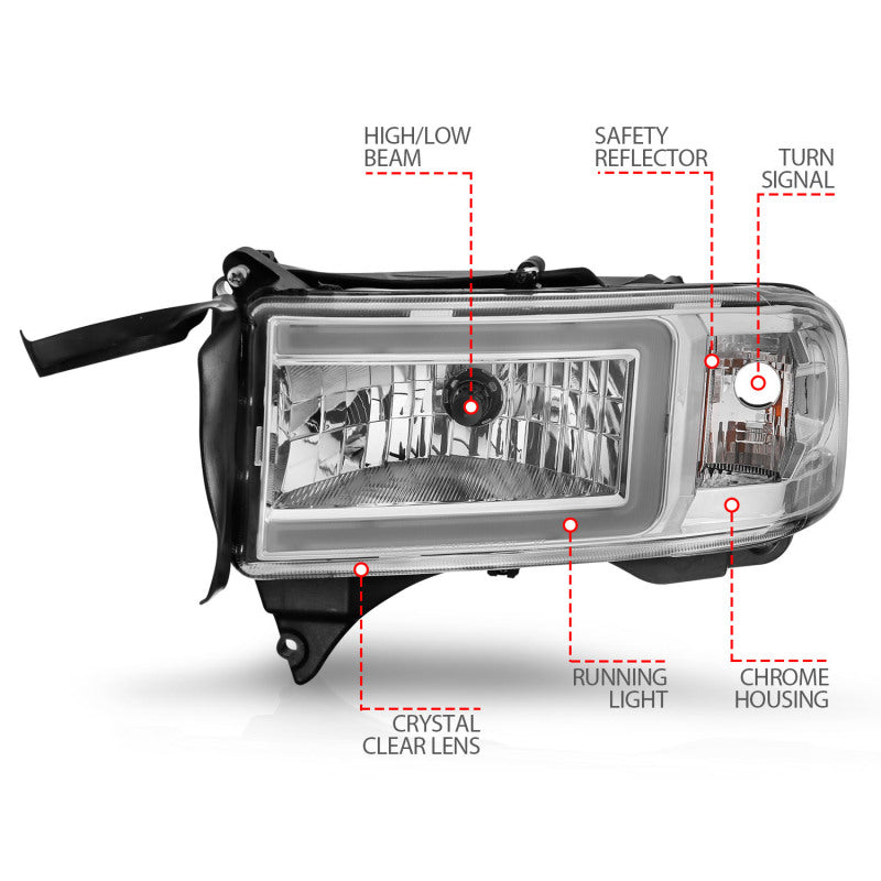 ANZO 111555 94-02 Dodge RAM Crystal Headlight - w/ Light Bar Chrome Housing