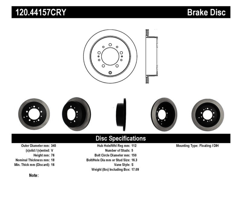 Stoptech 120.44157CRY 08-17 Toyota Land Cruiser / 08-17 Lexus LX Rear Premium Cryo Rotor
