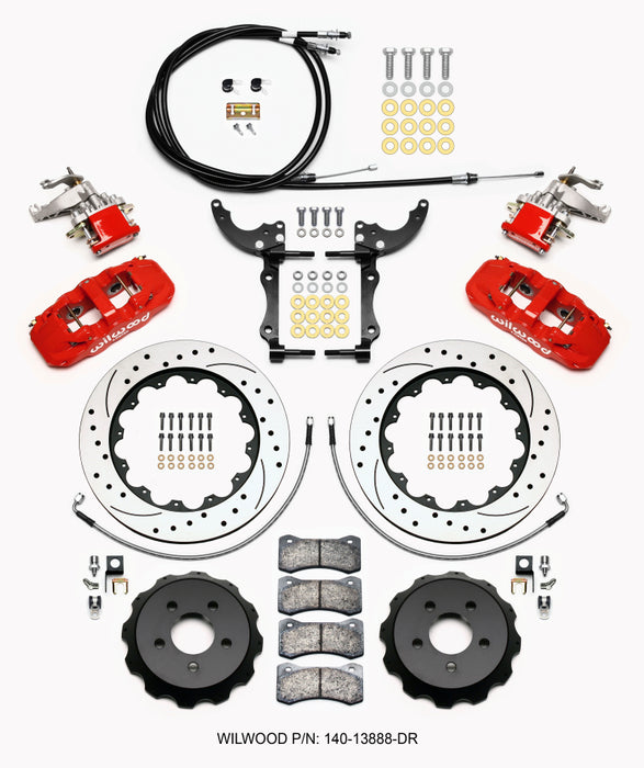 Wilwood 140-13888-DR AERO4 / MC4 Rear Kit 14.00 Drilled Red 15-23 Mustang w/Lines & Cables
