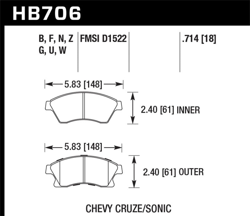 Hawk Performance HB706F.714 Hawk 11-12 Chevy Cruze Eco/LS/1LT/2LT/LTZ / 12 Sonic LS/LT/LTZ HPS Front Street Brake Pads