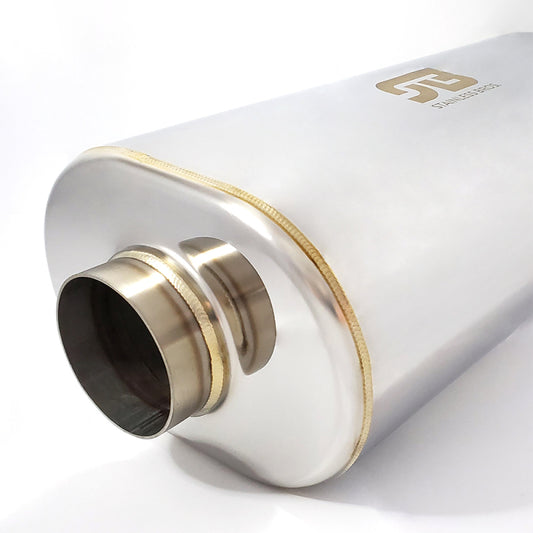 Stainless Bros 616-06313-2100 2.5in x 10in OAL SS304 Thin Oval Muffler (2.5in Offset In/2.5in Offset Out) - Polish