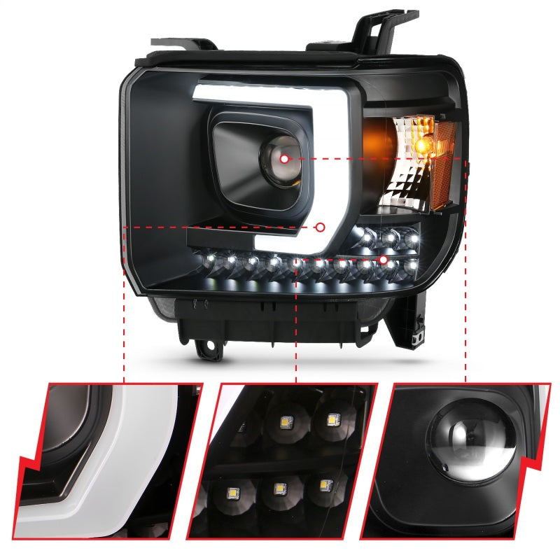 ANZO 111450 2014-2015 GMC Sierra 1500HD Projector Plank Style Headlight Black W/ DRL