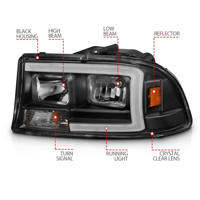 ANZO 111591 97-04 Dodge Dakota/Durango Crystal headlight Set w/ Light Bar Black Housing