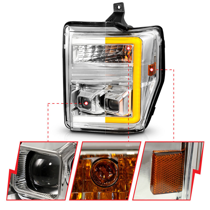 ANZO 111587 08-10 Ford F-250 - F-550 Super Duty Projector Headlights w/ Light Bar Switchback Chrome Housing