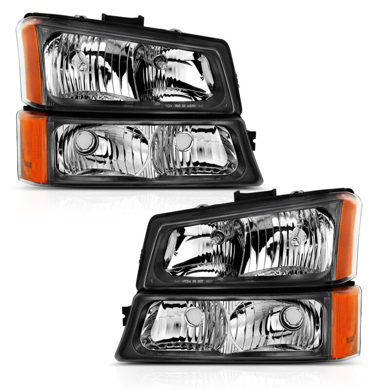 ANZO 111452 2003-2006 Chevy Silverado Crystal Headlight w/ Signal Light Black Amber (4 pcs)