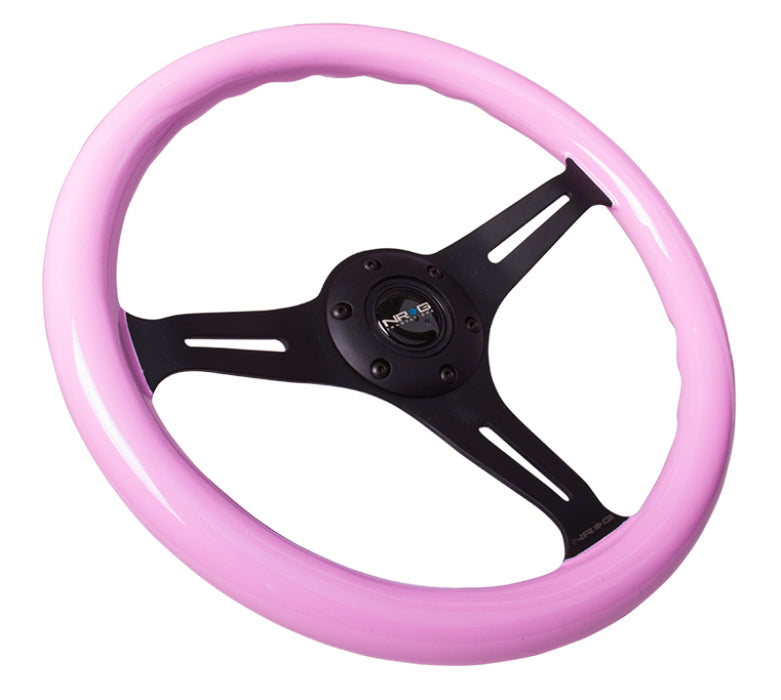 NRG ST-015BK-PK Classic Wood Grain Steering Wheel (350mm) Solid Pink Painted Grip w/Black 3-Spoke Center