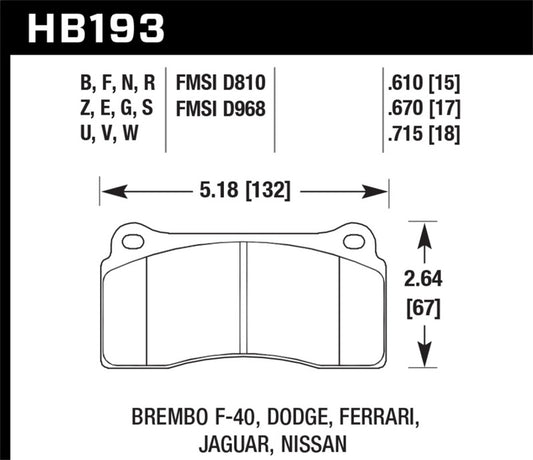 Hawk Performance HB193W.670 Hawk Dodge / Ferrari Front & Rear / Ferrari / Jaguar / Nissan Front DTC-30 Race Brake Pads