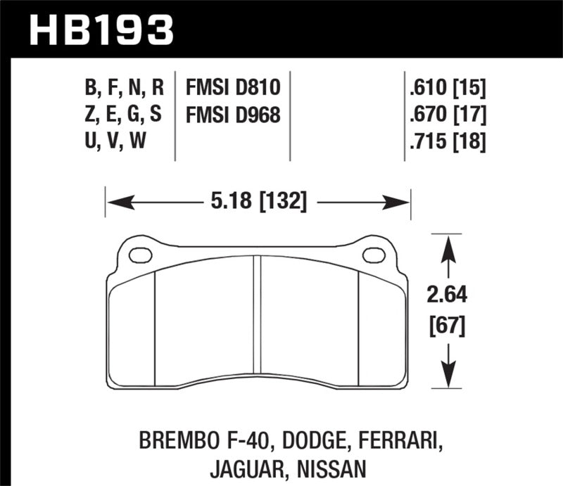 Hawk Performance HB193U.670 Hawk Dodge / Ferrari Front & Rear / Ferrari / Jaguar / Nissan Front DTC-70 Race Brake Pads