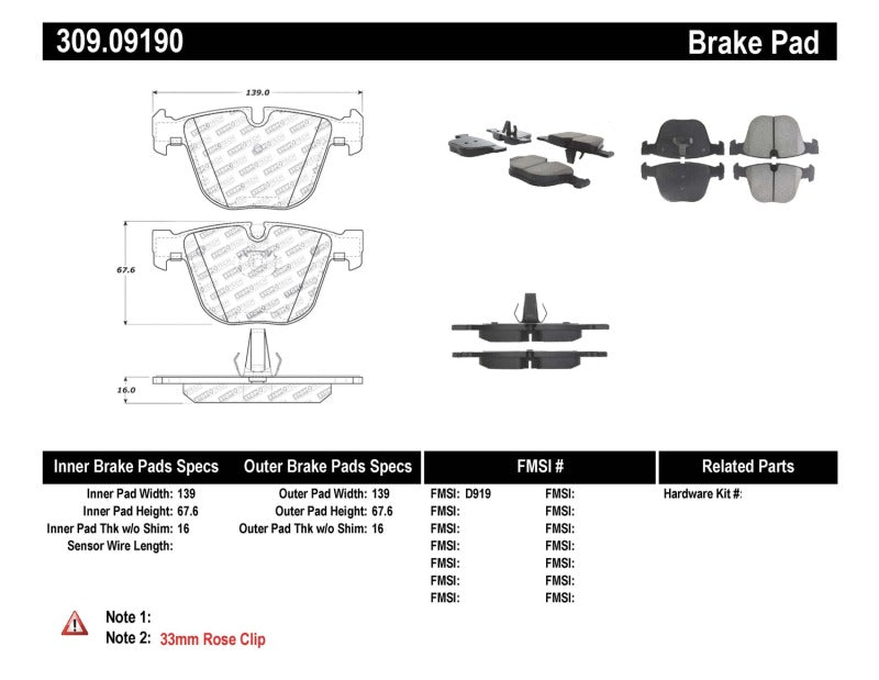 Stoptech 309.09190 StopTech Performance 06-09 BMW M5 E60 / 07-09 M6 E63/E63 Rear Brake Pads