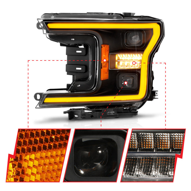 ANZO 111570 18-20 Ford F-150 (w/o Fctry LED) Full LED Proj Headlights w/Light Bar Swtchbk Seq. Black w/Init