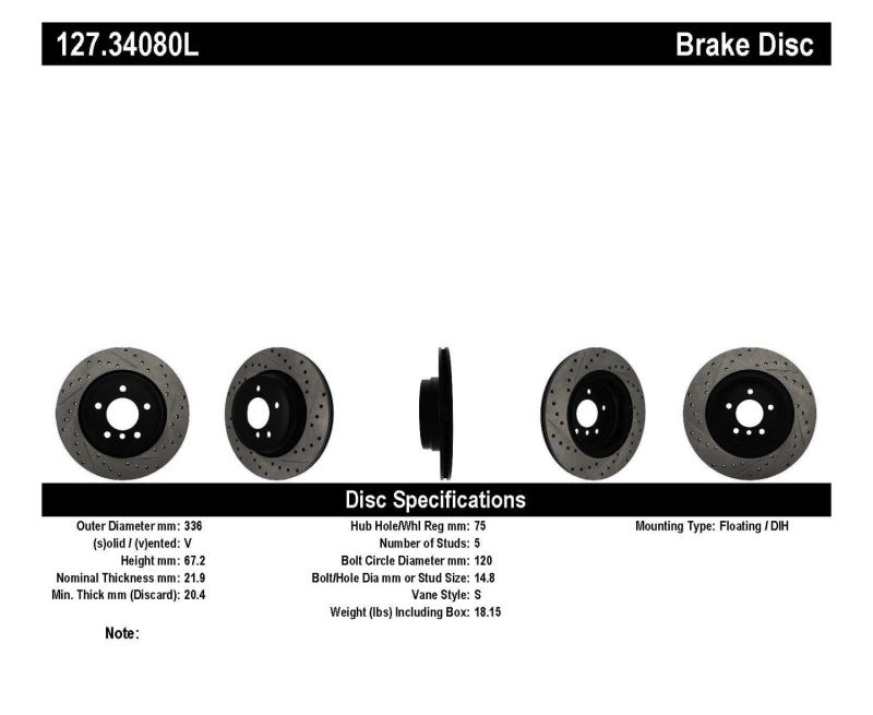 Stoptech 127.34080L StopTech 06 BMW 330 / 07-09 BMW 335 Slotted & Drilled Left Rear Rotor