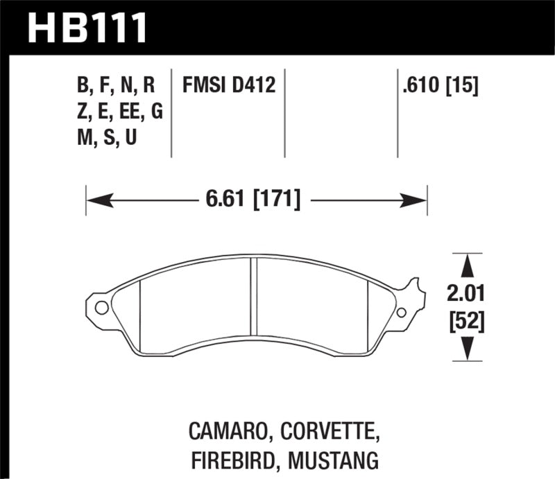 Hawk Performance HB111Z.610 Hawk 94-04 Mustang Cobra / 88-95 Corvette 5.7L / 88-92 Camaro w/ Hvy Duty Brakes Front Performance C